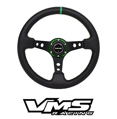 Vms Racing Universal 6-bolt 350mm Leather Green Deep Dish Steering Wheel C • $99.95