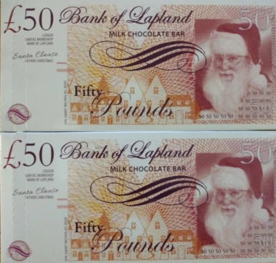 2x Milk Chocolate £50 Notes Gift Bank Choc Fifty Pounds Bar Father Christmas 🎅  • £6.98