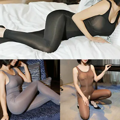 Ladies Shiny Bodysuit ZIPPER Crotch Elastic Sleeveless Jumpsuit Playsuit Catsuit • £14.03