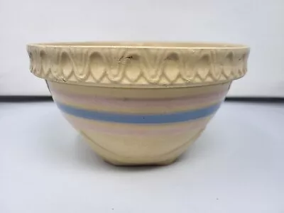 Vintage 8.25  McCoy Pottery Yellow Ware Pink Blue Stripe Bowl Pie Crust Rim USA • $29.95