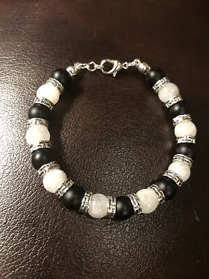 Natural Stone Black Onyx And Moonstone Bead Bracelet • $14.99