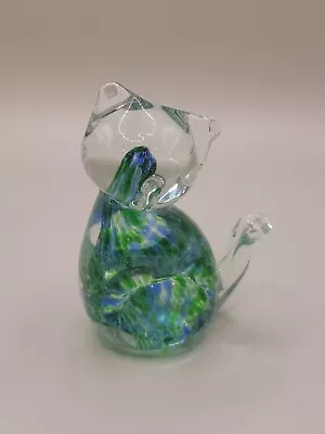 Vintage Murano Style Hand Blown Art Glass Green Blue Cat Figurine 3” • $15