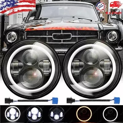 For Ford Mustang 1965-1978 7  INCH Round LED Headlights Halo DRL Angel Eyes Pair • $65.68