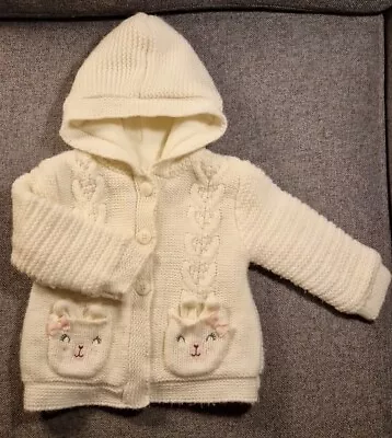 Baby Girls Chunky Knit Bear Cardigan 6-9 Months White Hooded Fleece Lined (C29)  • £3.50