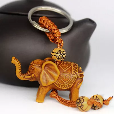 Lucky Elephant Wooden Carving Pendant Keychain Key Ring Chain Evil Defends Gift • $3.77