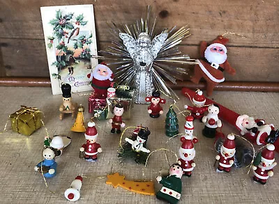 Vintage Christmas Decorations Foil Pipe Cleaners Flocked Wooden Bells Card • $38