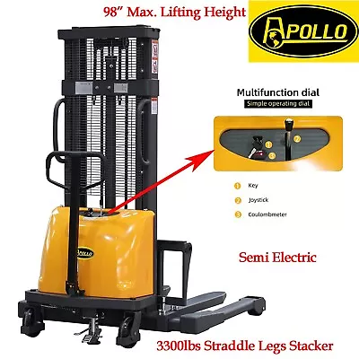APOLLOLIFT Semi-Electric Stacker 98  Lift Straddle Leg 3300lbs For EU/US Pallets • $3479