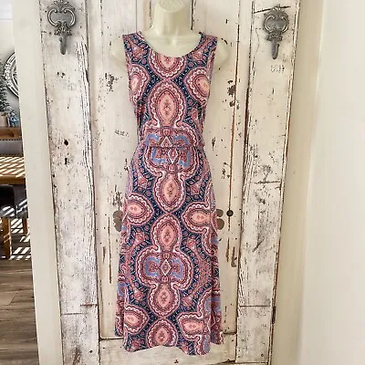 AA Studio Size 10 Woman's Navy Blue White Pink Peach Beige Paisley Midi Dress • $20.95