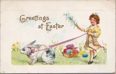 1914 EASTER Embossed Postcard Girl W/ Rabbit On Purple Leash - STECHER 309E • $5.62