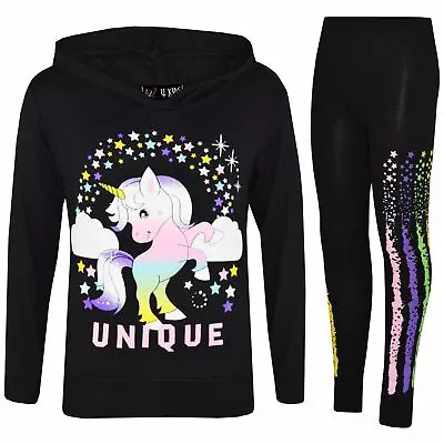 Kids Girls Tracksuits Dabbing Unicorn Unique Hooded Black Top Floss Legging Set • £12.99
