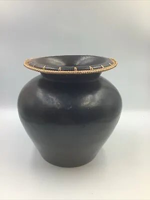 Vintage Clay Pottery Vase Wicker Rattan Top 8” Tall Black Indonesian African Pot • £14
