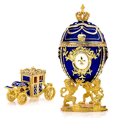 Royal Imperial Blue Faberge Egg Replica: Extra Large 6.6” With Carriage By Vtry • $69.95