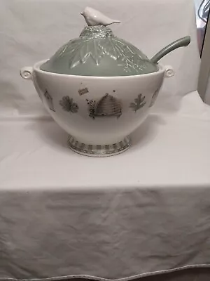 NATUREWOOD  Pfaltzgraff  Soup Tureen Bird Finial GREEN /  IVORY With Ladle Large • $100
