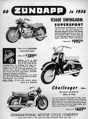 1956 Zundapp KS601 Motorcycle & Bella Scooter Original Print Ad • $16.47