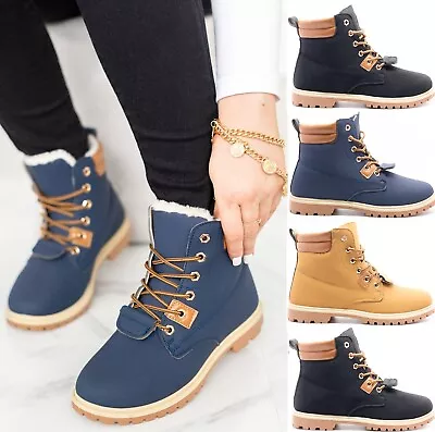 Ladies Womens Flat Fur Lined Grip Sole Winter Army Combat Ankle Boots Shoes Size • £14.99