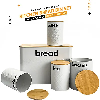 5pc Kitchen Set Bread Bin Tea Coffee Sugar Tins Biscuit Barrel Sealed Containers • £20.69