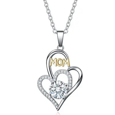 Women Silver Love Heart MOM Cubic Zirconia Pendant Necklace 18  Gift PE42 • $5.92