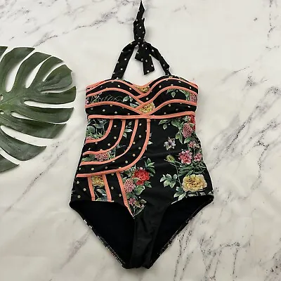 Modcloth High Dive Womens One Piece Swimsuit Size M Black Green Floral Halter • $22.39