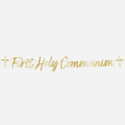 FIRST HOLY COMMUNION LETTER BANNER - 1.6 Metres - GOLD PARTY DECORATION  CROSS • £3.95