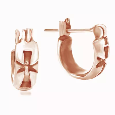 Maltese Cross Inscribed Hoop Lock Earrings 14K Rose Gold Plated Sterling Silver • $86.31