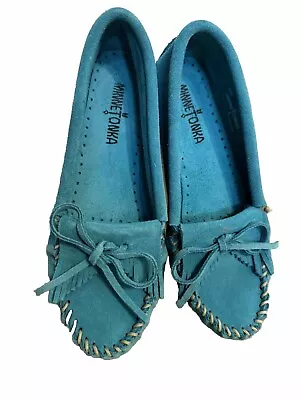 Minnetonka Moccasins Women's 402S  Kitty Hardsole Size 7 Turquoise Flats Shoes • £28.91