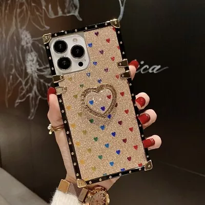 For Samsung S21 S20 S22 S10 S9 S8 Note 20 Glitter Bling Heart Ring Square Case • $16.98