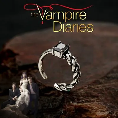 Vampire Diaries Elena Gilbert Black Onyx Antique Silver Gothic Adjustable Ring • £7.78