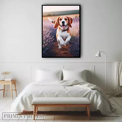 Beagle Running In Lavender Fields | Art Print | A4 A3 | • £15.99