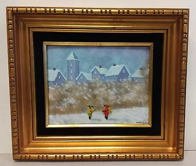 Original DOMINIC MINGOLLA Enamel On Copper CHILDREN PLAYING IN SNOW Painting • $150