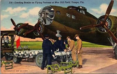 Linen Postcard Loading Bombs On Flying Fortress At Mac Dill Field Tampa Florida • $8