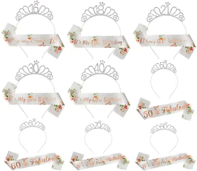 Rose Gold Birthday Tiara Rhinestone Headband Crown Sash Party Girl Women Gift • £5.99