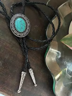 Stunning Black Vein Turquoise Bolo Tie - Gifts For Him Cabochon Indian Leather  • $28