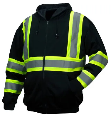 Black Hi Vis Ansi Reflective Work Safety Zip Up Hooded Fleece Hoodie Sweatshirt • $33.75