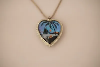 Vintage Morpho Butterfly Wing Pendant Painted Tropical Scene 925 Chain • $55
