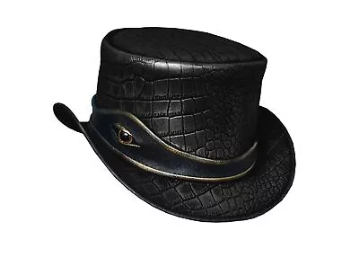 Steampunk Red Crocodile Eye Leather Top Hat Biker Deadman Style Black Top Hat • $40