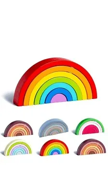 Rainbow Wooden Stacker Building Blocks Stacking Nesting Montessori Baby DIY Toy • £8.99