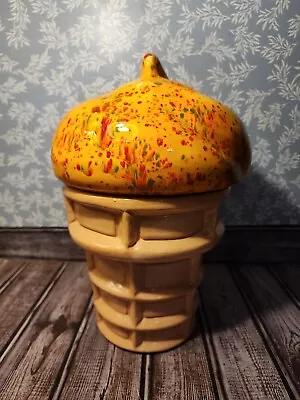 VTG Japanese Ceramic Ice Cream Cone Cookie Jar Waffle Swirl Retro 70s Decor Can • $31.99