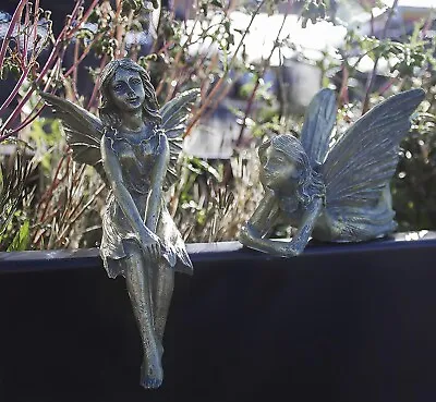 2pc Garden Fairy Ornament Sitting Laying Pixie Bronze Effect Home Christmas Gift • £10.99