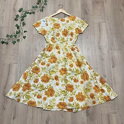 ORIGINAL VINTAGE 1950s DRESS SIZE 6 8 YELLOW ORANGE FLORAL SWING FULL SKIRT (rb2 • £40