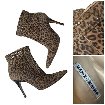 MANOLO BLAHNIK Booties Stiletto Heel Studded Leather Suede Cheetah 39.5 9.5 • $175