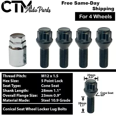 4x Black 12x1.5 Wheel Lock Lug Bolt Fit Audi Volkswagen Smart Aftermarket Wheels • $21.99