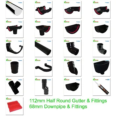 Half Round Guttering - Downpipes - Fittings. Freeflow 112mm Black Guttering • £6.21