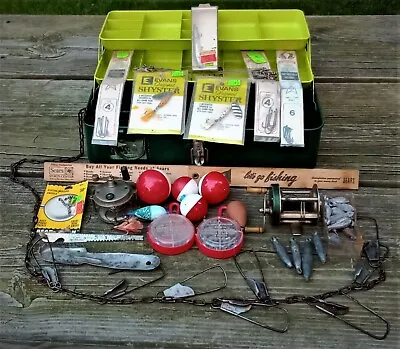 VINTAGE FISHING GEAR! Antique Tackle Box + Tackle + Reels + Bait Bucket  • $350