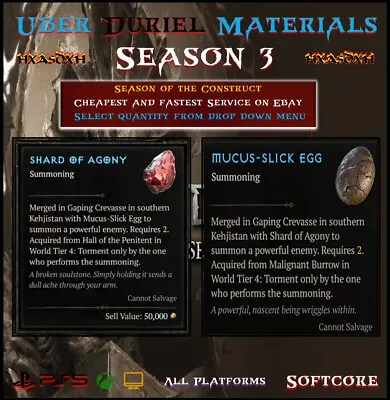 ✨Diablo 4 Season 3💥Uber Duriel Materials💥Mats - Eggs And Shards💥PC PS5 XBOX✨ • $14.30