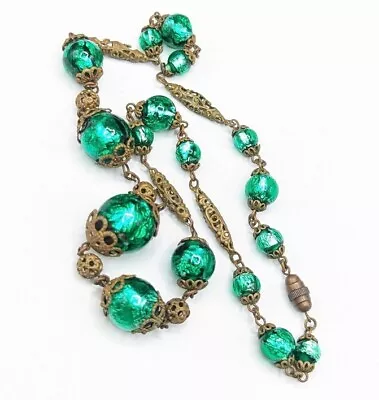 Amazing Vintage Czech Green Foil Glass Filigree Brass Beaded Necklace 16.5  Read • $49