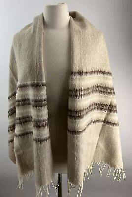 Vintage Wool Beige Brown Stripe Shawl Wrap Scarf 72” X 24” Stain Hole • $45