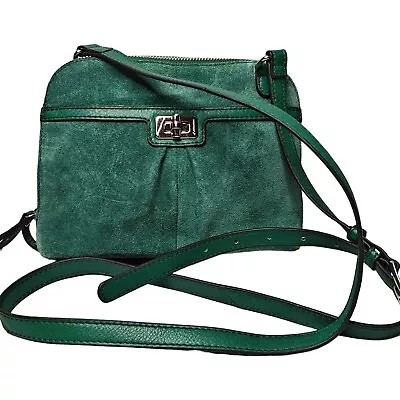 B Makowski Suede Leather Crossbody Bag Green Zipper Top Kiss Lock Pocket 9 X7  • $21
