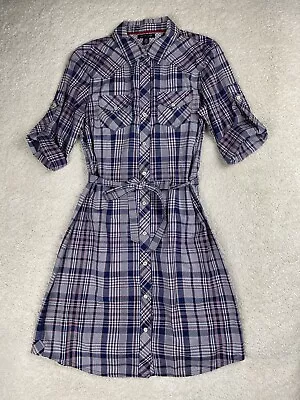 Tommy Hilfiger Shirt Dress Small Blue Madras Plaid Collar Button Belt Roll Tab • $25.49