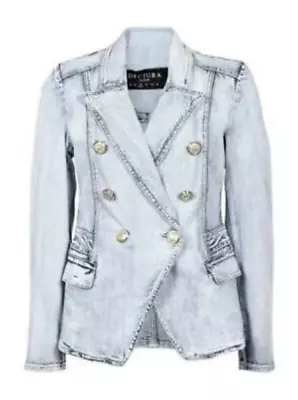 DECJUBA Womens Light Denim Structured Distressed Cotton Button Jacket Size 6 • $49.95