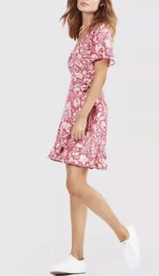 TIGERLILY [sz 10] Pink Cameli Mini Wrap Linen Blend Dress Ruffle Sleeve  (A416) • $69